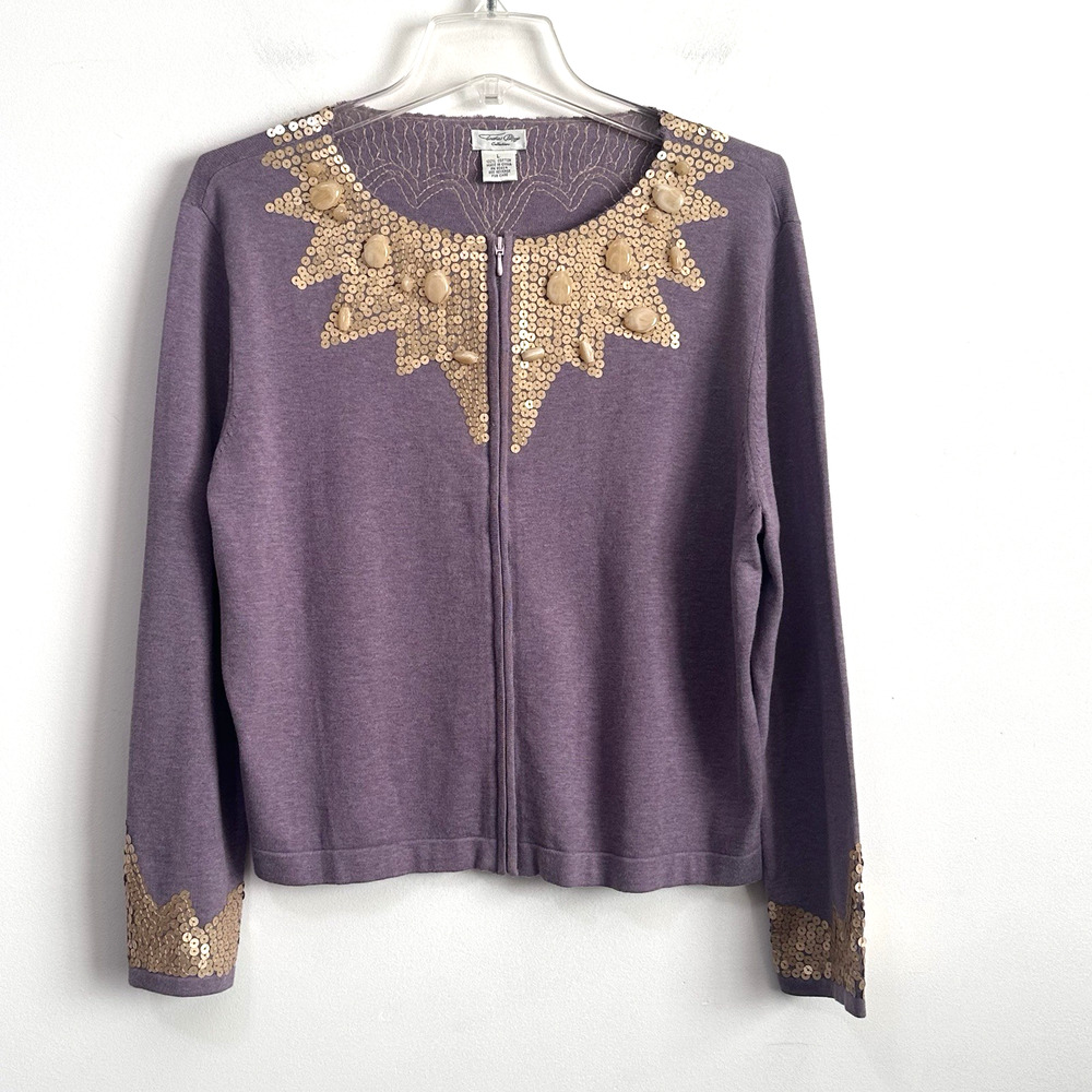 Tasha Polizzi Zip Front Sweater L Purple Gold Sequins Stones Party Glitz Gaudy